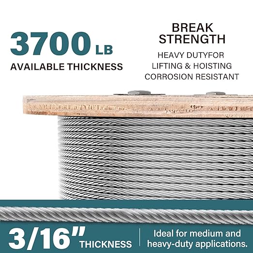 3/16 Wire Rope, 500ft 3/16 Stainless Steel Cable Wire, 7X19 Strand Aircraft Cable Wire Rope Kit, 3700lbs Breaking Strength 3/16 Steel Cable with 3/16 Cable Clamps,Thimble for Deck Railing Shade Sails