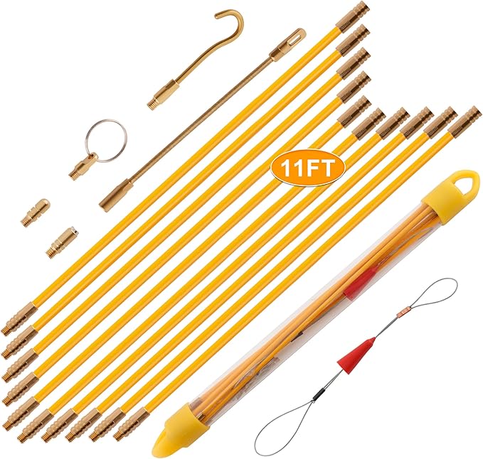 KOOTANS 11FT Fiberglass Running Electrical Wire Cable Glow Rods Wire Pulling Tools Fish Tape Cable Puller Through Wall Snake Fish Rods Kit with Different Attachments