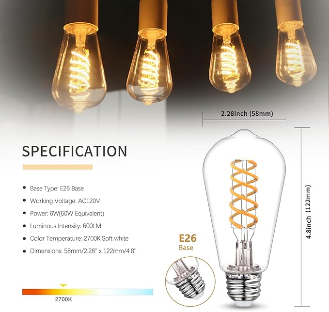 6 PCS Dimmable Vintage LED Edison Bulbs, 6W Equivalent 60 Watt, Warm White 2700K, Antique Flexible Spiral LED Filament Light Bulb, ST58 (ST19), 600 Lumens, E26 Base, Clear Plastic
