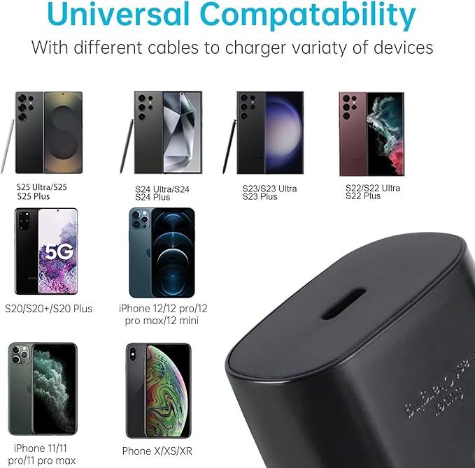 25W Super Fast USB C Charger Block & 6.6FT Android Phone Type C Charger Cable Cord for Samsung Galaxy S25 Ultra/S24+/S24/S23 Ultra/S23/S22 Ultra/S22/S21/S20 /Note10 20-Black