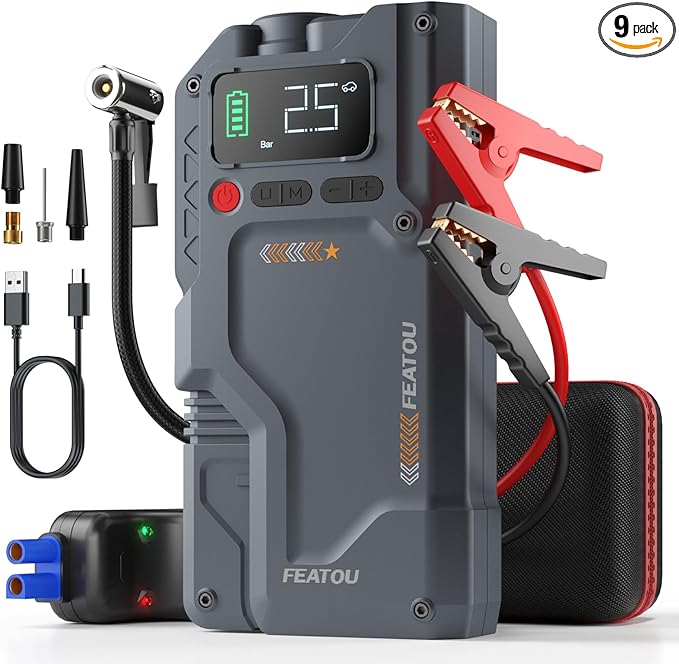 Jump Starter with Air Compressor, 5 in 1 Functional Jump Box 4500A Peak Power Pack with 150PSI Digital Tire Inflator, Portable Car Charger Jumper for 8.5L Gas or 7.0L Diesel
