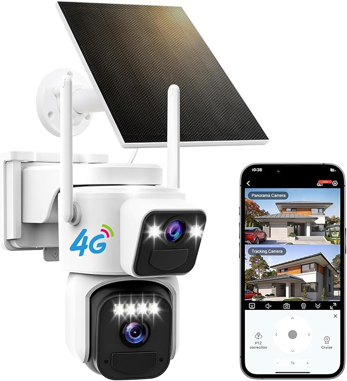 Dual Lens Dual Screen 2K Solar Security Camera Wireless Outdoor 360° View Battery Powered Camera with Spotlight Color Night Vision, PIR Sensor WiFi Home Security System (4G LTE)