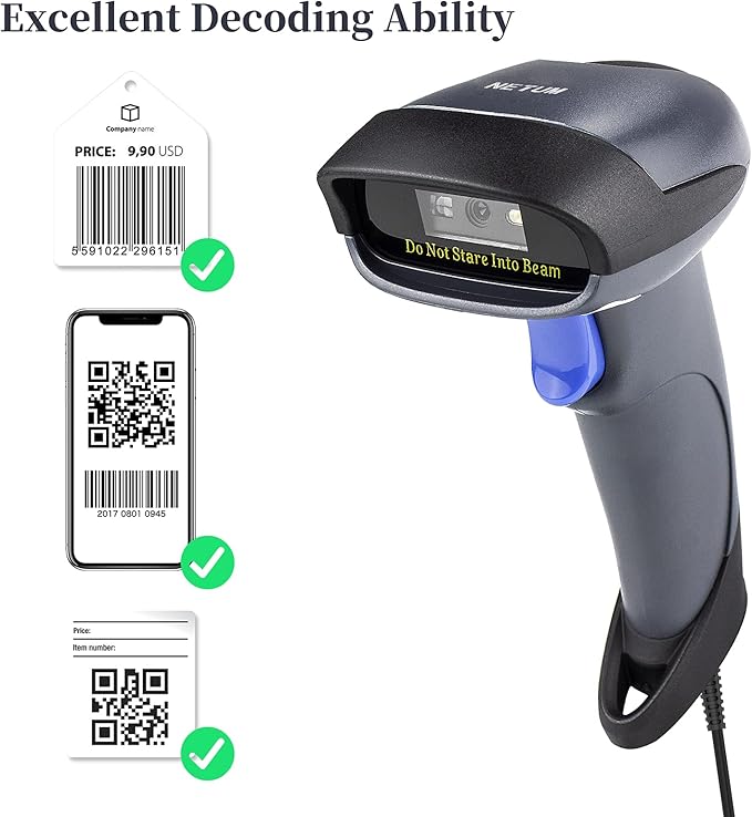 NETUM 2D Barcode Scanner with Stand USB 2.0 Wired QR Code Imager Automatic Barcode Reader Handhold Scanner Gun with USB Cable for Laptops, Computers, Cashier, POS -M5S