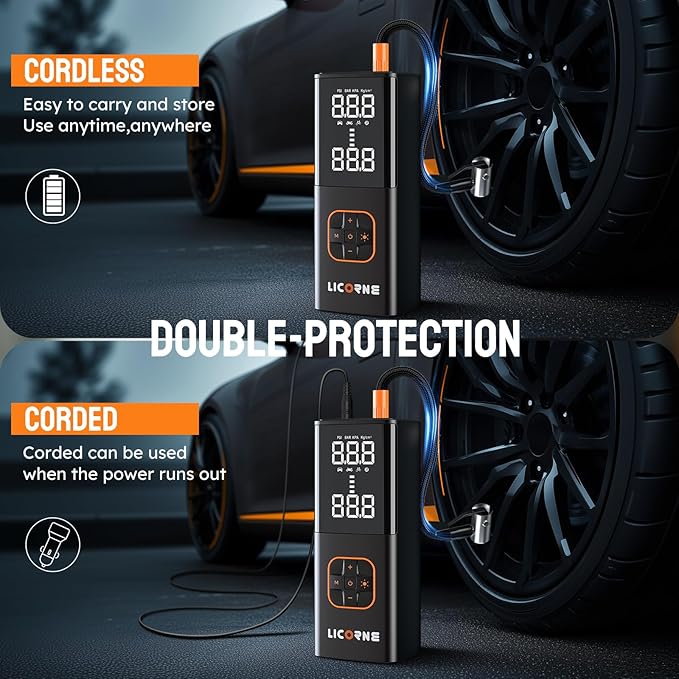 Tire Inflator Portable Air Compressor, 5X Faster Portable Air Pump for Car Tires with Powerful Battery, 180PSI Cordless Air Pump with Digital Pressure Gauge for Cars, Bike & Motorcycle Tires, Ball