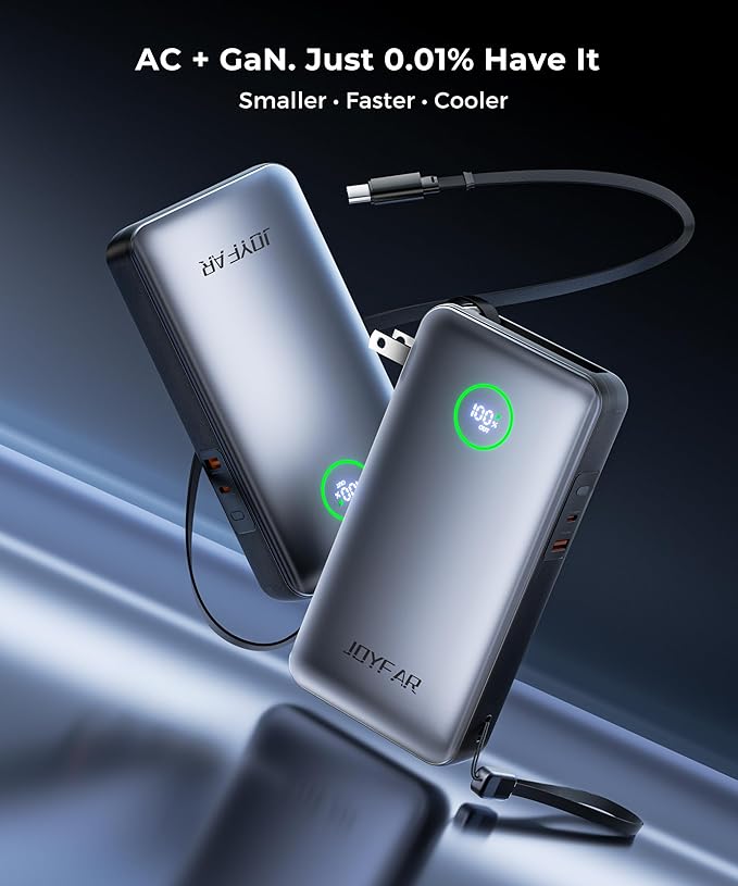 Portable Charger Power Bank - Travel Essentials Laptop Battery Pack 65W AC Plug GaN 25000mAh Built in Cable USB C Phone Fast Charging Compatible with iPhone 16 15 14 13 12 iPad MacBook Samsung