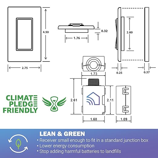 RunLessWire Fan & Light Battery-Free DIY Wireless Light Switch Kit 150ftRF Range Kinetic for Bathrooms & Ceiling Fans: 1 Dual Remote Switch Controls 2 5A On/Off Receivers Separately – White