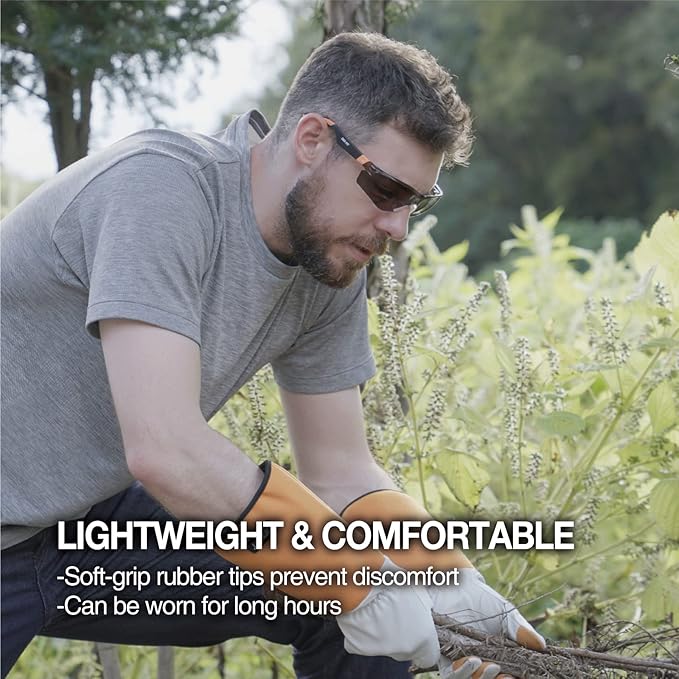 DEX FIT Safety Sunglasses SG210, Z87 Eye Protection, Anti-Fog & Scratch Resistant, Adjustable for Women and Men, UV Protection (Black & Orange Frame, Tinted Lens)