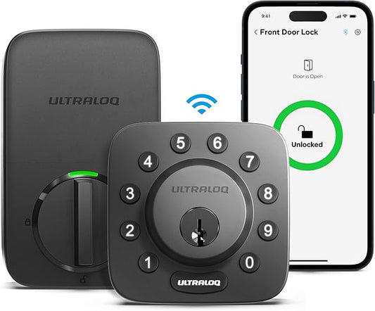 Smart Lock, ULTRALOQ U-Bolt + Bridge WiFi Adaptor, 5-in-1 Keyless Entry Door Lock with WiFi, App, Bluetooth and Keypad, Locks for Front Door, Deadbolt, ANSI Grade 1 Certified - Black