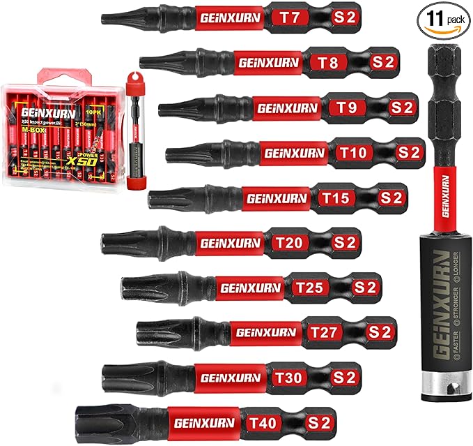 10 Pieces 2 In. (T7-T40) Impact Screwdriver Bit Set, Magnetic Multi-Torx Head Power Bits, S2 Alloy Steel Star Bits with 1 Pc Impact Bit Holder and Storage M-Box