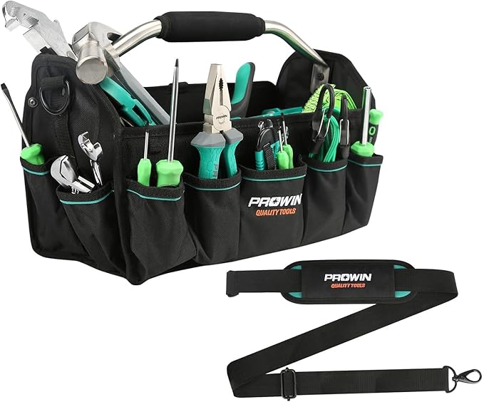 Prowin 16" Multi-pocket Tool Organizer with Plastic Waterproof Bottom, Heavy-duty Collapsible Tote Wide Mouth Tool Tote Bag 600 Denier Roomy Pro Sized Tote Black