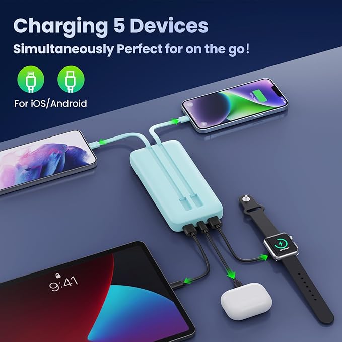 Portable Charger 40,800mAh Power Bank, 25W PD QC 4.0 Fast Charging Portable Phone Charger with Built-in Cables,LCD Display USB C Battery Pack Compatible with iPhone 16/15/14,Android Samsung (Green)