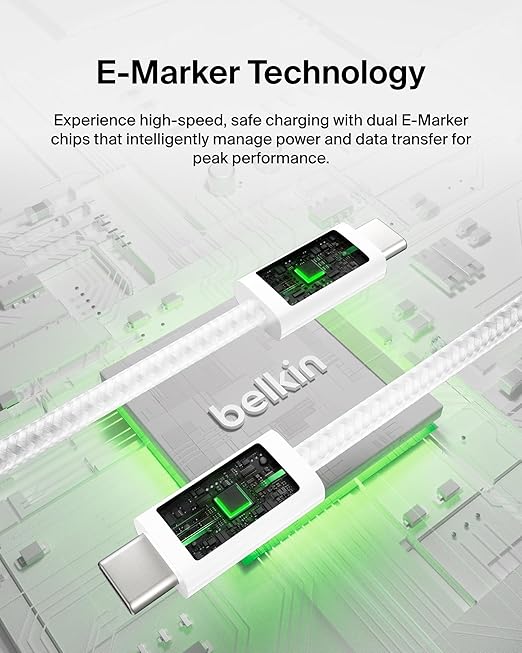 Belkin USB C to USB C Cable, 3.3ft, 240W - Type C Charger, iPhone Charger Cord, Soft, Braided, Flexible for iPhone 16, Galaxy S25, Pixel 9, MacBook, Chromebook, iPad Pro, Switch Steam Deck – White