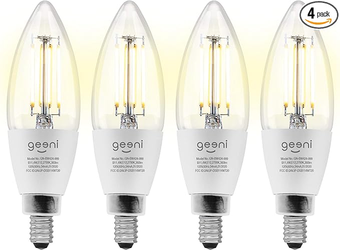 Geeni LUX Edison B11 Filament WiFi LED Smart Bulb, B11 Candelabra, 4W, E12 Base, Dimmable, White Light, Compatible with Amazon Alexa & Google Home - No Hub Required- 4 Pack