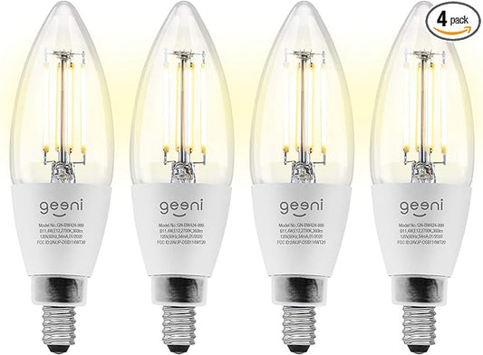 Geeni LUX Edison B11 Filament WiFi LED Smart Bulb, B11 Candelabra, 4W, E12 Base, Dimmable, White Light, Compatible with Amazon Alexa & Google Home - No Hub Required- 4 Pack