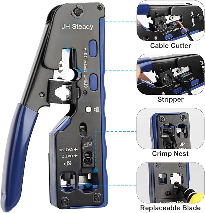 Pass Through RJ45 Crimp Tool Kit, Ethernet Crimping Tool Kit for Cat5/Cat5e/Cat6 with Cable Tester, 30PCS Connectors & Boots, Wire Crimper Stripper Cutter for Network Installation