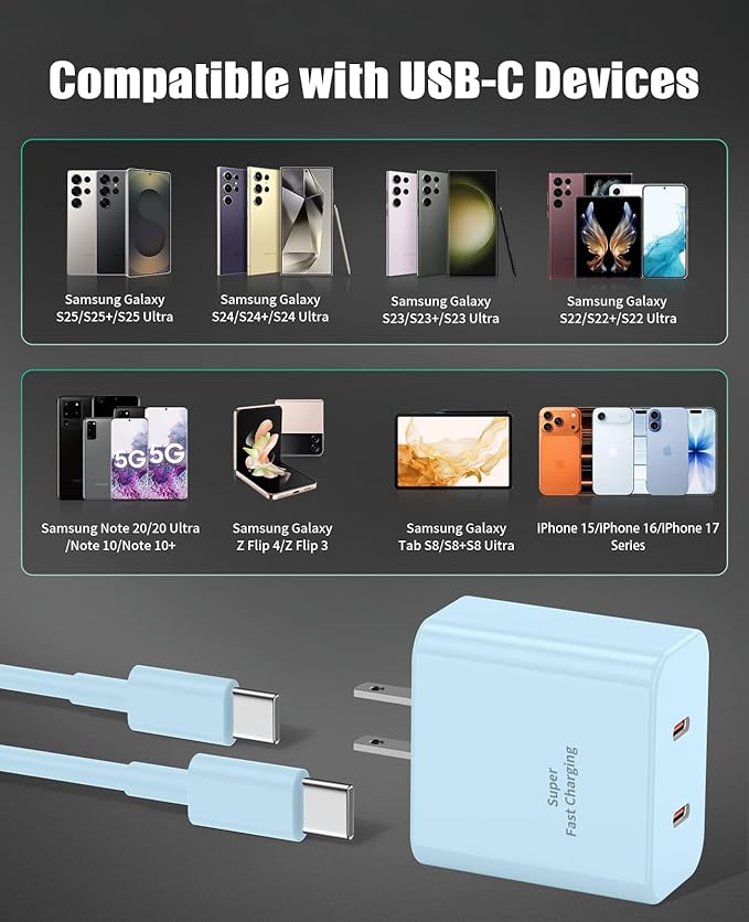 2 Pack 45W Super Fast Charger Type C for Samsung, USB C Android Phone Charger Fast Charging Block with 6FT/10FT Type C Charger Cord for Samsung Galaxy S25/S24/S23/S22+ Ultra/iPhone 17/16/15-Blue