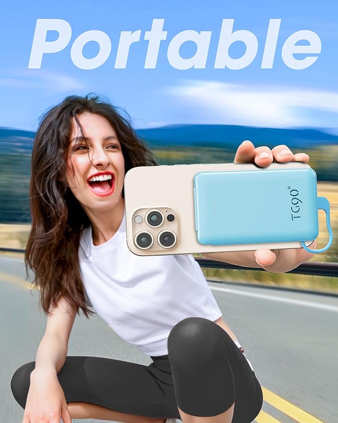 TG90° 5000mAh Portable Charger with Built-in Foldable AC Wall Plug and Cables, USB C Ultra Small Power Bank External Battery Pack Compatible with iPhone 16 15 14 13 12 Samsung S22 S21 Google iPad