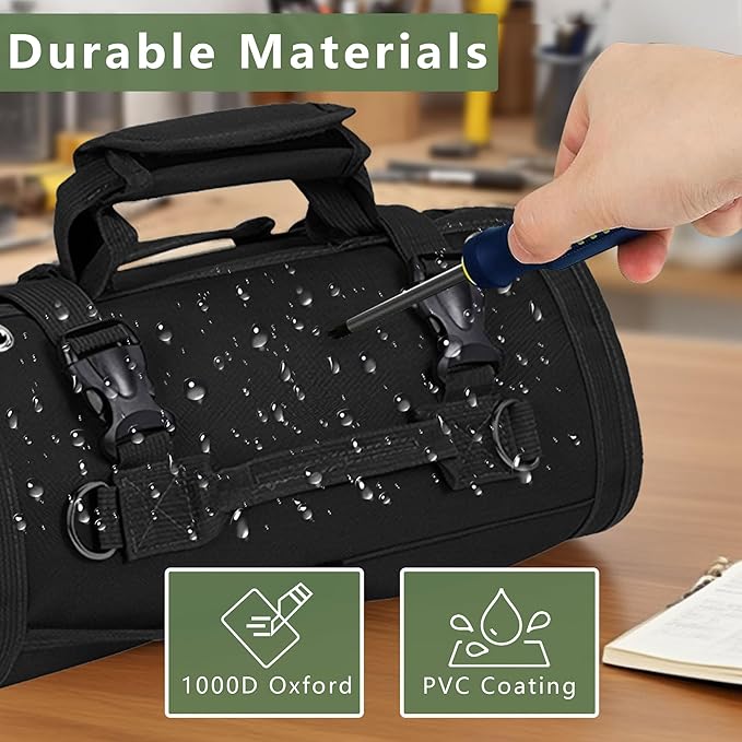 Roll Up Tool Bag Organizer, Tool Bags for Men, Tool Roll Bag with 2 Detachable Zipper Pouches, Heavy Duty Tool Bag for Dad Birthday, Father’s Day Gifts, Handyman or RV Owners (Black)