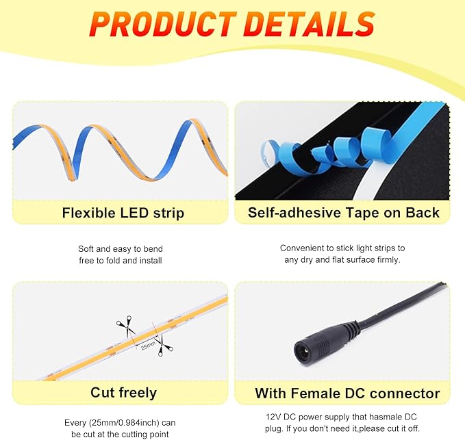 COB LED Strip Light 12V 8W/M 16.4ft/5m 320LED/M Warm White 3000K CRI90+ Super Bright Flexible LED Tape for Indoor Home Cabinet,Bedroom,Kitchen,DIY Lighting Project(Power Supply Not Included)
