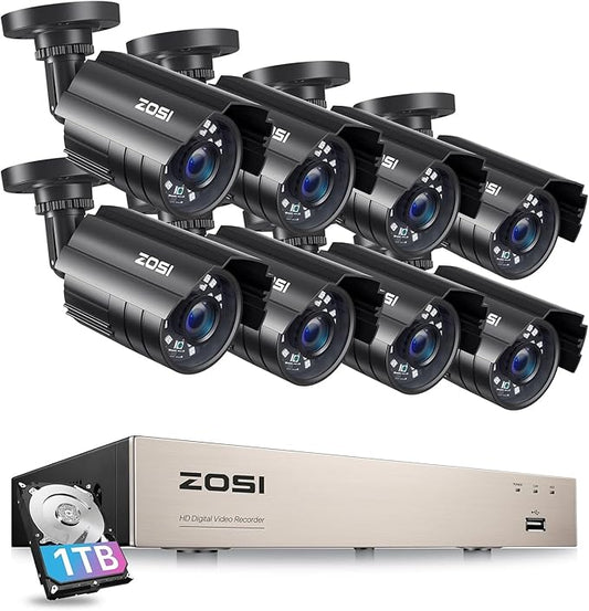 ZOSI 3K Lite 8CH Security Camera System with AI Human/Vehicle Detection,Night Vision,H.265+ 5MP 8Channel CCTV DVR with 1TB Hard Drive,8pcs 1920TVL 1080p Outdoor Indoor Cameras,for Home 24/7 Recording