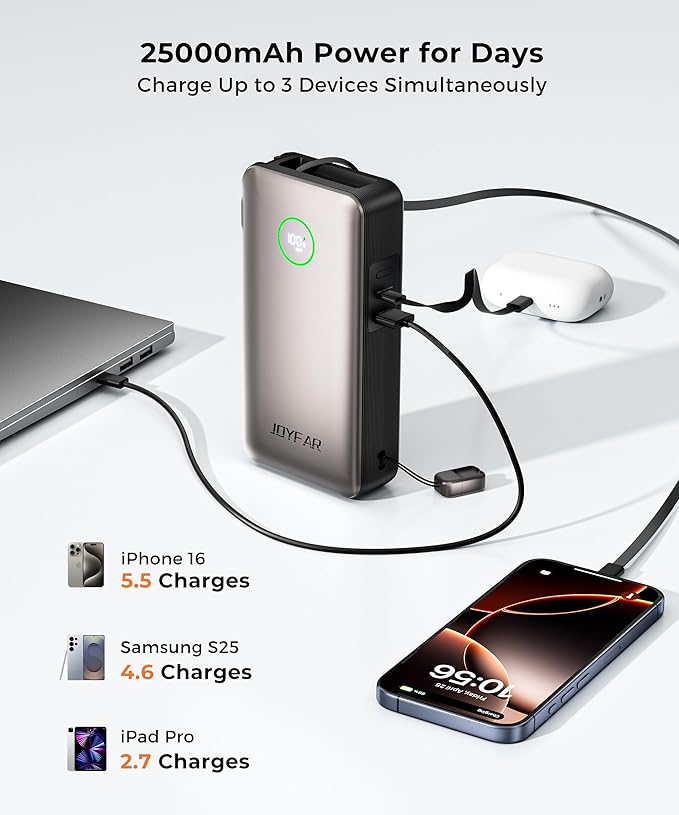 Portable Charger Power Bank - Laptop Battery Pack 65W AC Plug GaN 25000mAh Built in Cable USB C Phone Fast Charging Compatible with iPhone 16 15 14 13 12 11 X iPad MacBook Samsung (Gold)