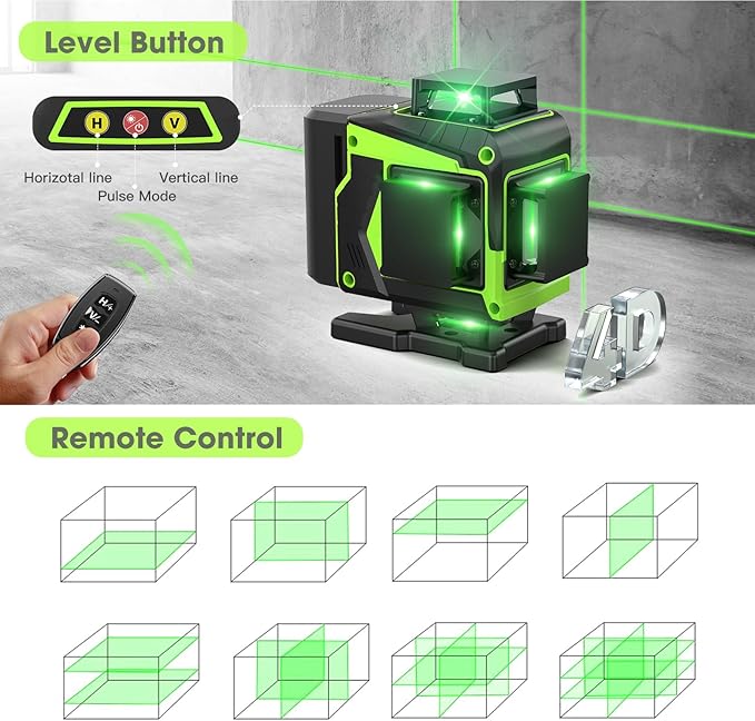 16 Line Laser Level 360 Self Leveling, 4x360°Professional 4D Green Cross Line laser Level with 2 Batteries, Adjustable Brightness & Remote Control, for Tiling Floor Construction and Picture Hanging