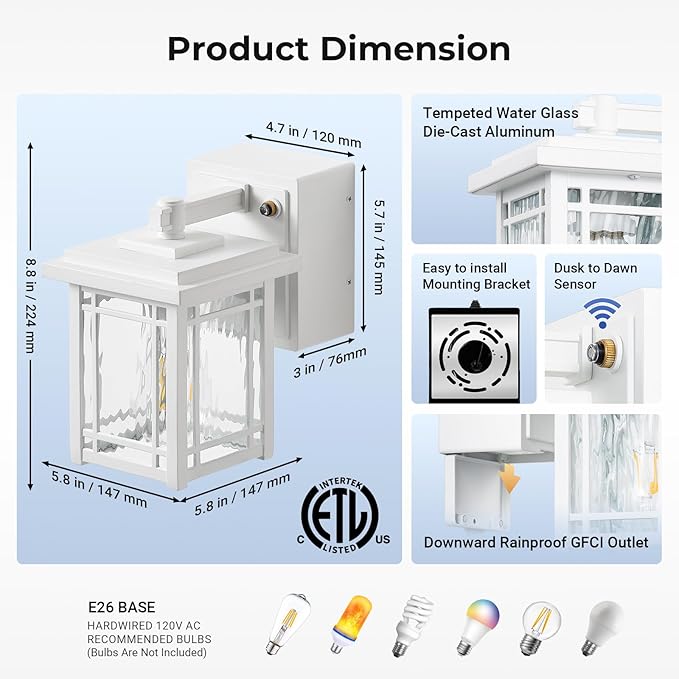 2-Pack Outdoor Wall Light with GFCI Outlet, White Dusk to Dawn Exterior Light Fixture Wall Lantern, Waterproof Front Porch Lights Wall Mount, Modern Outdoor Coach Lights with Water Ripple Glass
