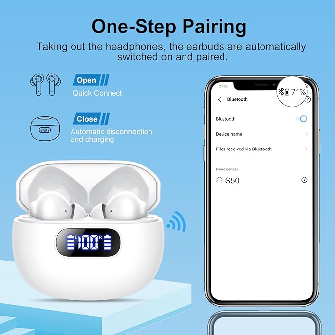 Wireless Earbuds, Bluetooth 5.3 Headphones LED Power Display, 2025 New Wireless Earphones, 4 ENC Noise Cancelling Mic, HiFi Stereo, 48H Playtime Mini Case IP7 Waterproof for Work & Play