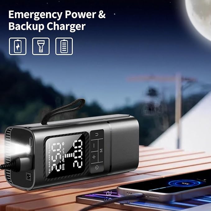 Tire Inflator, Portable Air Compressor for Car with Touch Screen, 150PSI Cordless, Fast Inflation (0-2.5BAR in 10min), Power Bank & LED Light, Auto Shut Off for Bike, Motorcycle, Ball-Black