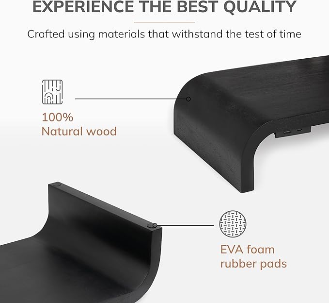 Anji Mountain Wood Monitor Stand Riser Desk Desktop Organizer Table for Home, Office Workspace, Laptop Riser, Ergonomic Design Stand for Gaming Setup, with Power Source, Black