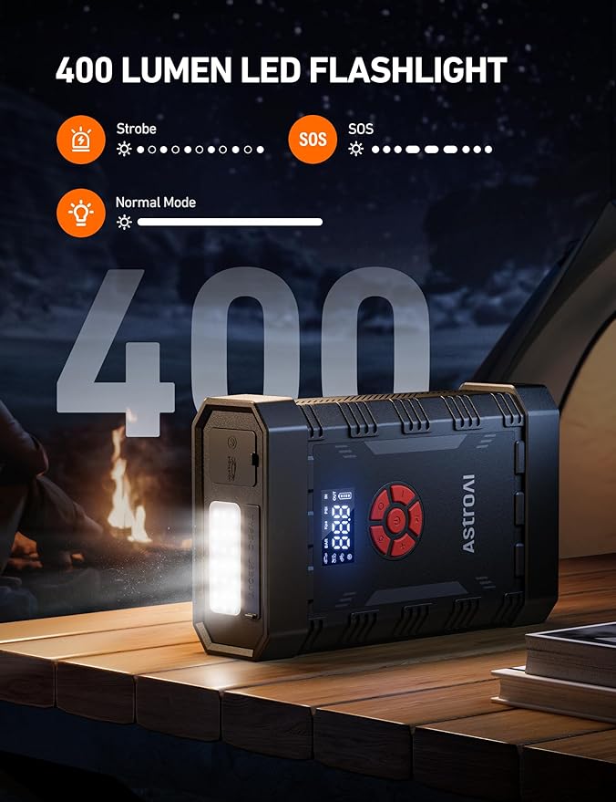 AstroAI A30 Jump Starter with Air Compressor, 4000A & 150PSI Portable Car Battery Jump Starter (10.0 Gas/8.0L Diesel) with Tire Inflator, 12V Battery Charger, 18W Quick Charge, Jumper Cables, Lights