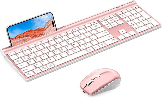 Wireless Keyboard and Mouse Combo - Samsers Ultra Slim Rechargeable Dual-Mode (Bluetooth 5.0x2 +2.4G) Silent Keyboard and Mouse Set, Multi-Device Full-Size Design for MacOS/iOS/Android/Windows - Pink