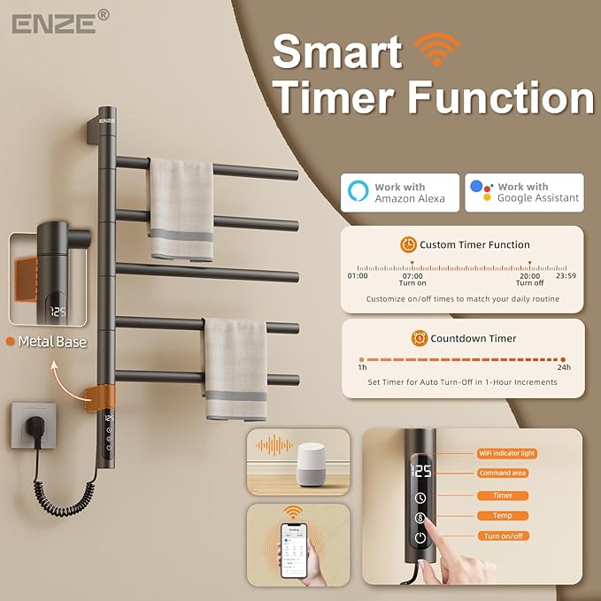 ENZE Smart Rotating Heated Towel Rack for Bathroom, Wall-Mounted Electric Towel Dryer with Swivel Bars, Smart Timer, Low Carbon Steel, IPX5, Plug-in/Hardwired, Towel Warmer with Wi-Fi App Control