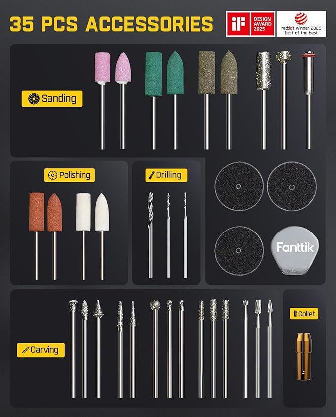 Fanttik F2 Master Mini Cordless Rotary Tool Kit, NeoPulse Motor, 5 Variable Speed, 25000 RPM, Revostor Hub, 35 Accessories, for 3D Printer Sanding, Polishing, Drilling, Carving, DIY Crafts - White