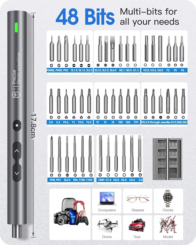 Kingsdun Mini Electric Screwdriver, 62 in 1 Cordless Precision Power Screwdriver with 48 Bits, Rechargeable Electrical Screwdriver Repair Tool Kit with LED Lights Magnetic Mat for Phones PC Laptops