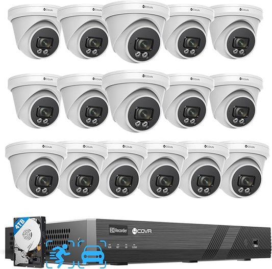 4COVR 4K 16 Channel Security Camera System PoE with Mic, 16x 8MP 2.8mm 110? Wide Angle IP67 Dome IP Camera for Business, 4K UHD NVR 4TB HDD, AI Human Vehicle Detection, 24/7 Recording, LY97SA8M1616