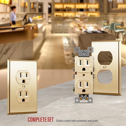 ENERLITES Elite Series Duplex Receptacle with Stainless Steel Metal Wall Plate, Tamper-Resistant Outlet, Commercial Grade, 15A 125V, UL Listed, 61580-TR-GD77PB, Gold with Polished Brass Wall Plate