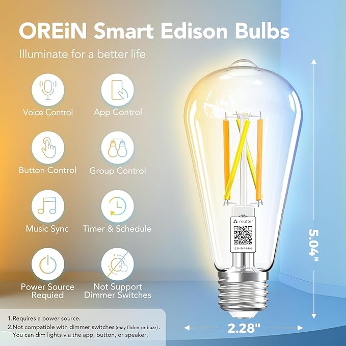 OREiN Matter Smart Light Bulb, ST19(58) Smart Edison Bulbs with Remote Control Work with Apple Home, Alexa, Google Home, SmartThings, 800lm 2700K-6500K Smart Filament Bulb E26 Base 4Pack