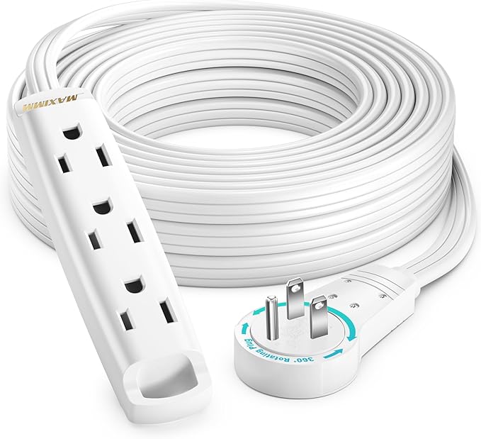 Maximm 25 Ft White 360° Rotating Flat Plug Extension Cord with 3 Outlets on One Side, Extra Long Reach for Home & Office Use UL-Listed