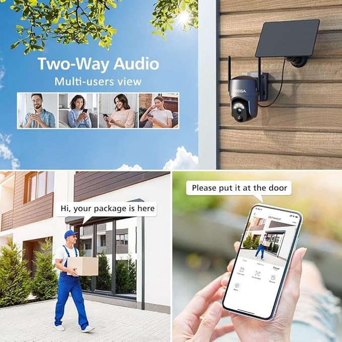 Xega 2 Pack Security Camera Wireless Outdoor 2K 360° PTZ Camera Solar Security Cameras 2.4G WiFi Video Surveillance w/Spotlight & Siren, Color Night Vision, AI Motion Detection, 2-Way Talk, IP66