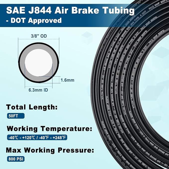 50FT 3/8 DOT Air Line SAE J844 PA12 Nylon Air Hose with Cutter 3/8” OD Pneumatic Tubing DOT Approved 3/8 Air Brake Hose for Air Suspension Kit Truck Trailer Brake System & Fluid Transfer 15.5m