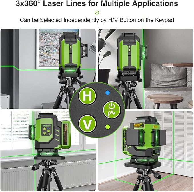 Huepar 3D Self Leveling Laser level for Tiling Floor Ground Etc., 2 Li-ion Batteries, 3x360 Cross Line Green Beam Laser Level with Type-C Charge Port & Magnetic Bracket, Hard Carry Case-LS03DG