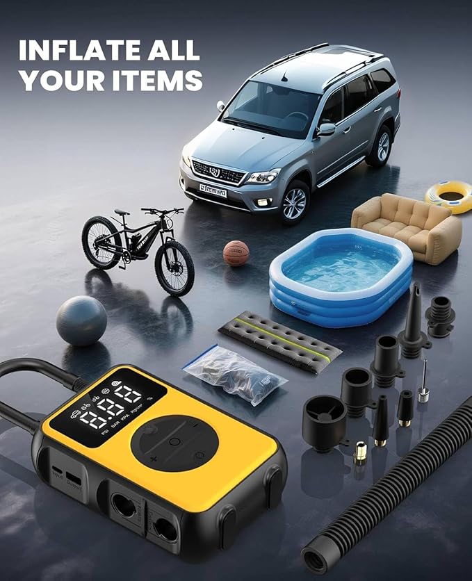 Tire Inflator Portable Air Compressor, 150PSI Cordless Tire Pump & 4.0 kPa Air Pump For Car, Sedans, Bicycle Tires, Air Mattresses and Inflatables