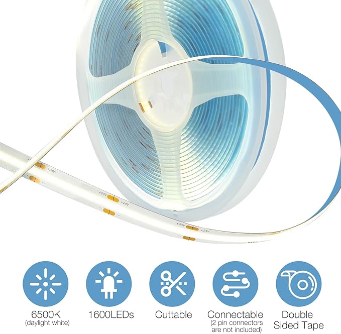 DAYBETTER COB LED Strip, 16.4 ft White LED Strip Lights, Dimmable LED Light Strip 6500K Bright Daylight White, 24V, 1600LEDs, 2835 Flexible LED Tape Light for TV, Bedroom, Kitchen Cabinet, Closet