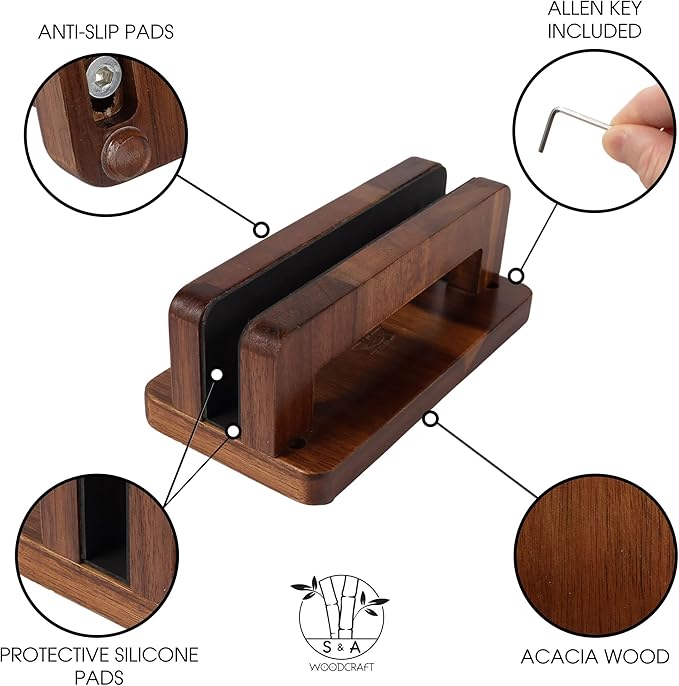 S&A WOODCRAFT Brown Acacia Wood Vertical Laptop Stand, Adjustable Wooden Laptop Holder, Non-Slip Laptop Dock Compatible with Apple MacBook, Microsoft Surface, Gaming Laptops, IPad, Tablets
