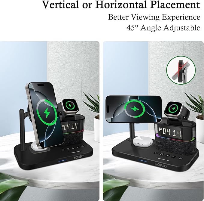 MONASAY Qi2 5 in 1 Wireless Charging Station, 23W Wireless Charger with Alarm Clock for Multiple Devices, Magnetic Charger Stand for iPhone 16/15/14/13/12 Series and AirPods, Apple Watch Series, Black