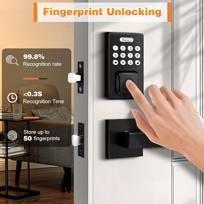 Probrico Smart Door Lock, Keyless Entry with Handle, Black, Biometric, Keypad, Key, App Control, Auto Lock, Contemporary Style