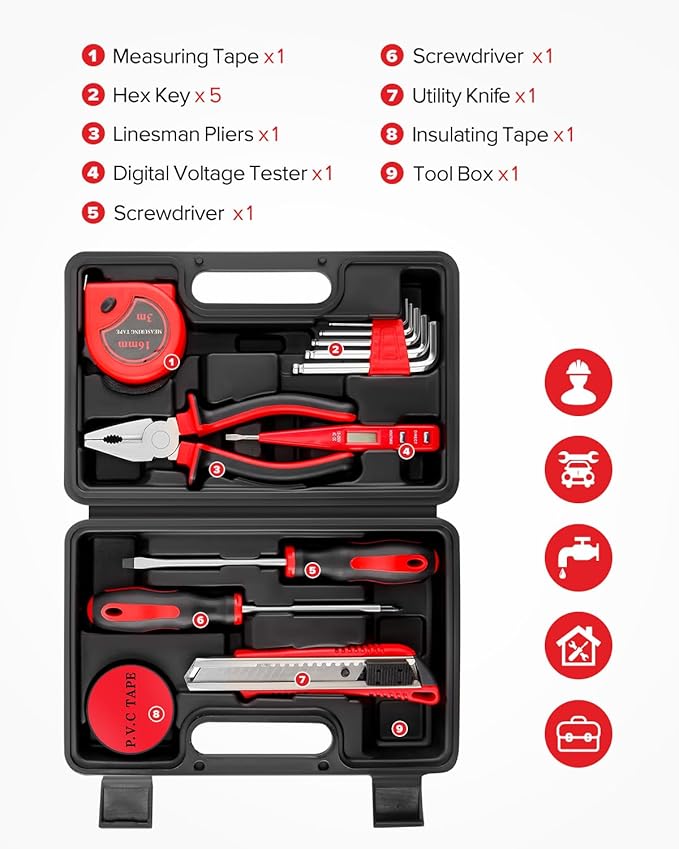 13pcs General Household Tool Set, Home Tool Kit with Plastic Toolbox for DIY, Maintenance, Perfect for Students & Homeowners (Red)