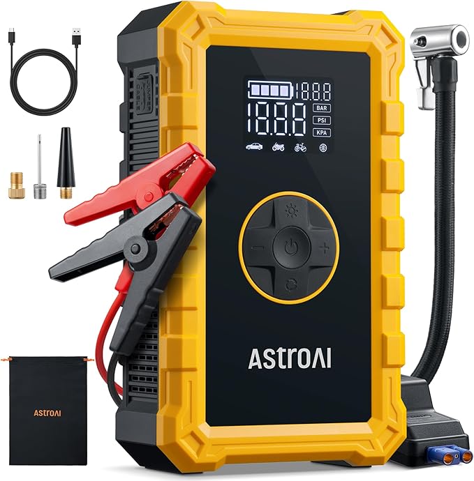 AstroAI S8 Air Jump Starter with Air Compressor, 1500A Car Battery Jumper Starter Portable (6.0 Gas/3.0L Diesel) with 150PSI Cordless Auto-Shutoff Tire Inflator, 12V Battery Charger Booster(Yellow)