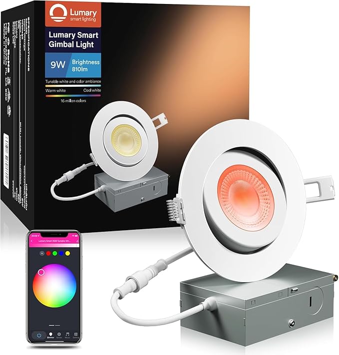 Lumary 4 Inch Smart Gimbal Recessed Lighting, 9W 810Lm ETL-Listed Eyeball Soffit Light, 40° Tilt Directional Color Changing LED Ceiling Downlight, Work with Alexa/Google Assistant, CRI 90+, 1Pack